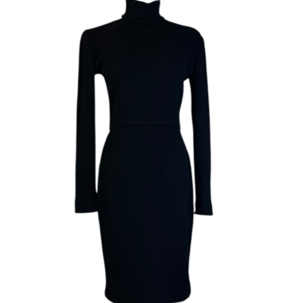 Black Ribbed Knit Bodycon Dress with Mock Neck — Small Size Small Hole